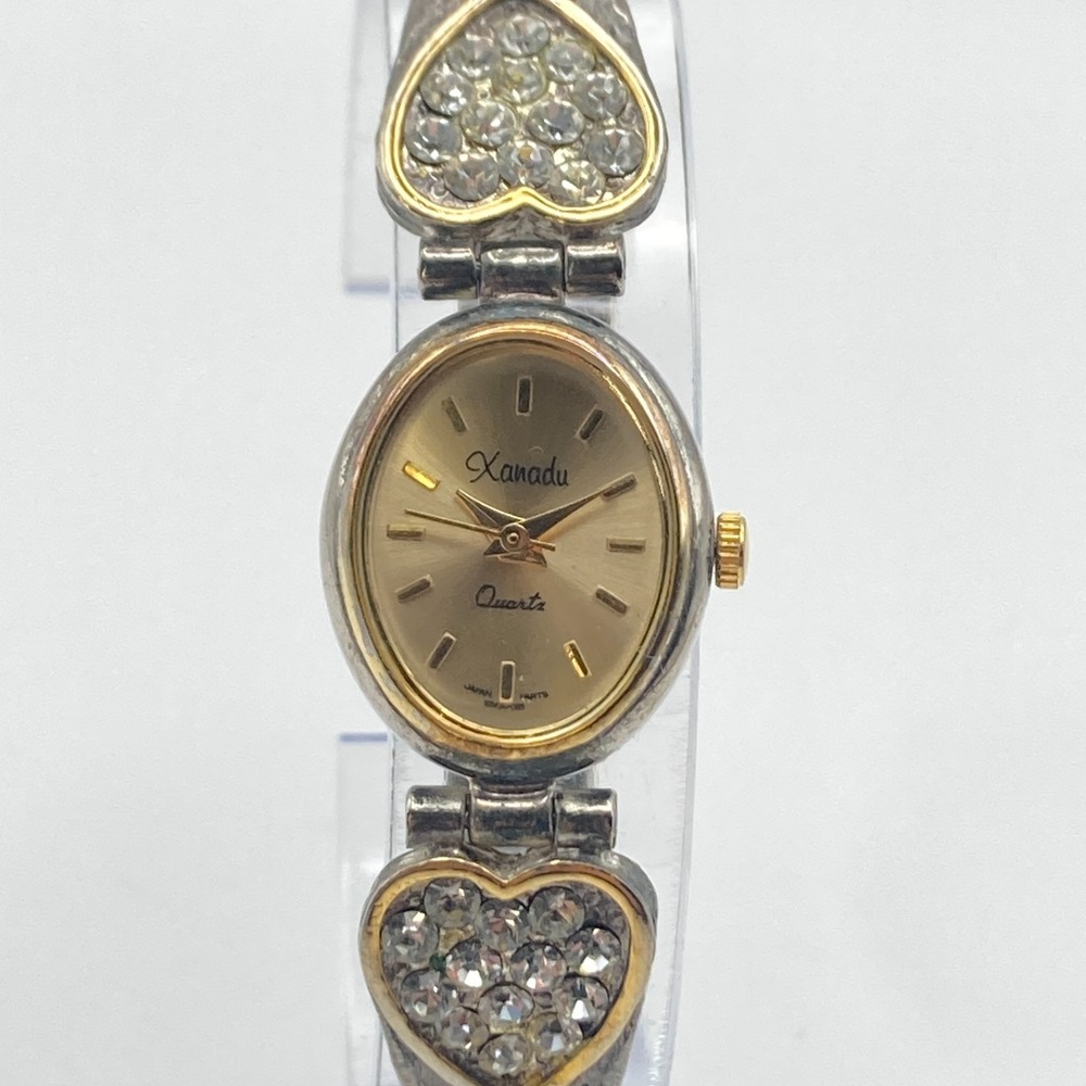 Vintage Xanadu Women's Watch Silver Gold Tone Hearts Crystals New Battery 7.25"